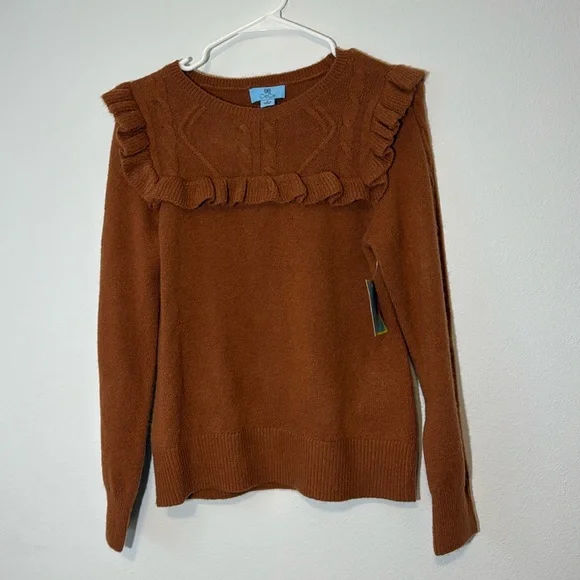 New Cece Burnt Orange Cable Knot Ruffle Sweater Women’s Size Small - Picture 1 of 5